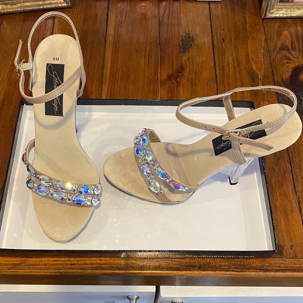 Elegant Crystal Beige Strappy 4” High Heels - Picture 2 of 9